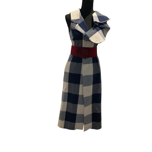 JOHANNA ORTIZ Zona Franca S.A.S. Blue/white Plaid Vest/dress Red Bow 4 W/pockets - Picture 2 of 15